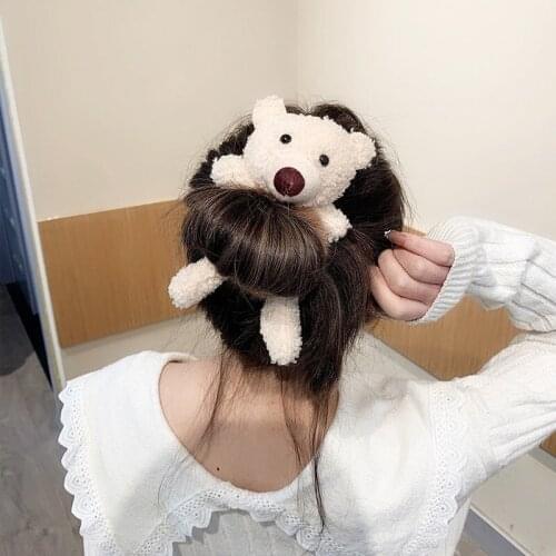 Children Cute Bear Sweet Head Rope Woman Simple Temperament Tie Hair Leather Net Red Horsetail Leather Cover Ins Plush Hair Ring