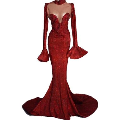 Red Flared Sleeves Trumpet Dress Evening Long Dress Women Prom Party Birthday Wedding Outfit Singer Host Stage Rhinestone Dress