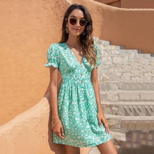 Summer For Womens Ruffled Short-sleeved Dresses Casual Fashion Print V Neck Single Breasted Dress 2021ladies Office Mi Di Skirt