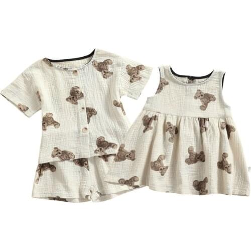 2021 0-3Y Summer Kids Brother Sister Suit Cartoon Bear Print Sundress/ Short-Sleeve Tops with Shorts