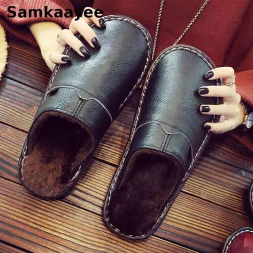Size 35-45 Mens Home Slippers Winter Womens Bedroom Leather Shoes Couples Cotton Short Plush Flats Anti-Skid Warm Zapatillas Y20