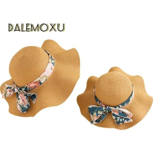 Parent-child Sun Hat breathable Childrens Straw Hat Bowknot Flowers Ribbon For Girls and Women Outdoor Beach Sunscreen Caps