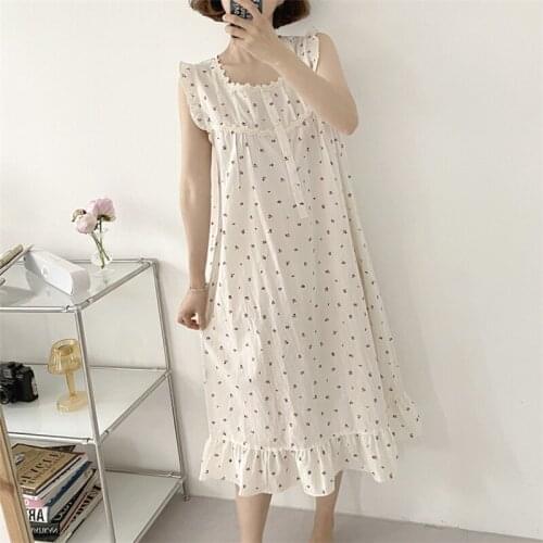 Rice White Floral Summer Nightgown Women Sleeveless Long Sleepwear Loose Cotton Ruffles Home Clothes Kawaii Sweet Korean