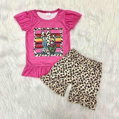 Wholesale toddler girl clothes girl rose red top with cactus printed and leopard shorts set boutique outfit