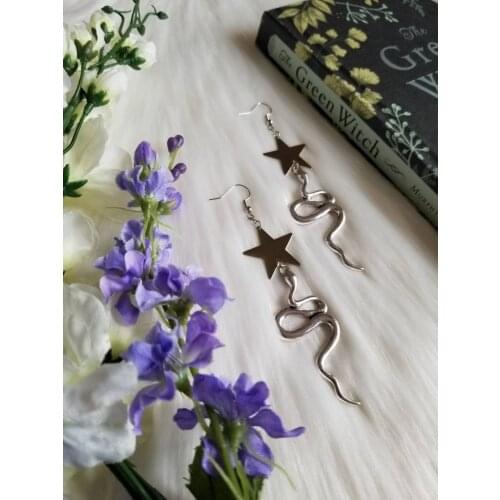 Original Handmade Gothic Silver Plated Snake Serpent Dangle Earrings with Stars,Boho,Bohemian,Witchy,Goth,Gothic,Celestial