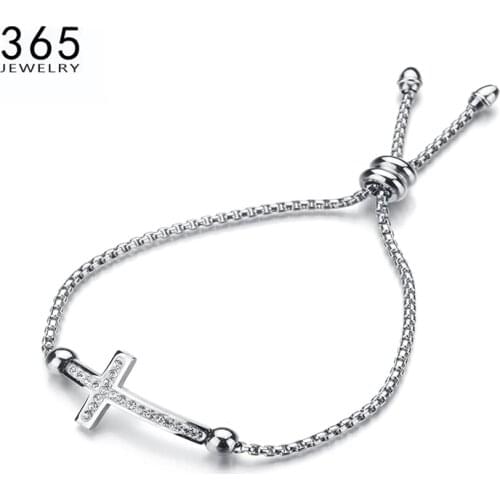 Adjustable CZ Stone Cross Female Bracelet & Bangle Never Fade Trendy Stainless Steel Blacelets & Bangles Friend Gift