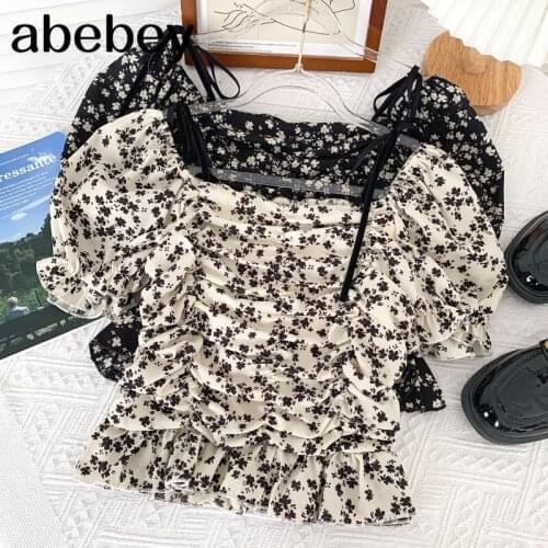 Vintage square collar puff sleeve Shirt lace up bow pleated design high waist short Floral Shirt Top 2021 New Summer