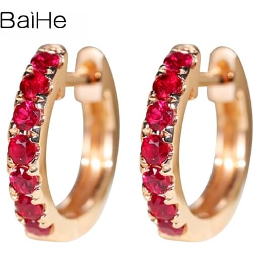 BAIHE Solid 14K Rose Gold 0.50ct Round cut Natural Rubis Earrings Women Wedding Trendy Fine Jewelry Cережки Cерьги 2020 тренд