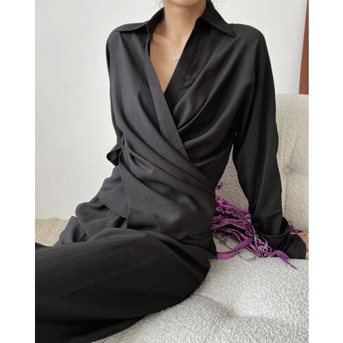 Style Wrap Over Shirt Women Long Sleeve Blouse Fashion Black, Green