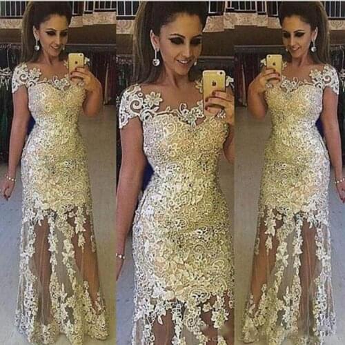 Light Gold Lace Prom Dresses Sheer Neck Cap Sleeves Tulle See Through Evening Gowns South African 2k20 Formal Party Dress