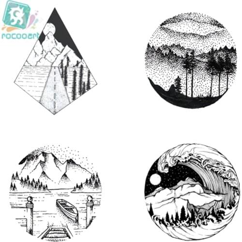 Rocooart 6x6cm Black Triangle Tattoo Temporary Women Geometric Arm Art Tattoo Stickers Planet Water Transfer Tree Mountain Tatto
