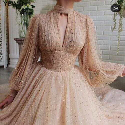 Luxury Design Gold V-Neck Evening Dresses Long 2020 Sequined Crystal Long Sleeve Split A-Line Evening Gowns YEWEN