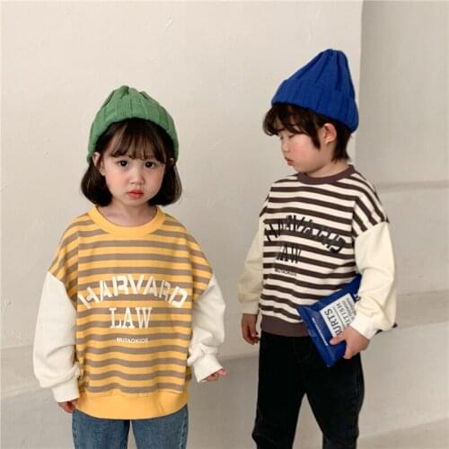 2021 Spring Fashion Children Striped Letter Print Sweatshirts Boys And Girls Patchwork Long Sleeve Loose Tops Clothing