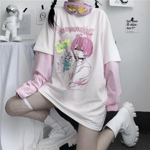 2021 Pink Long Sleeve Tshirt Streetwear Oversized Cartoon T Shirt Harajuku Patchwork Gothic Tops Casual Gothic Tshirt Female