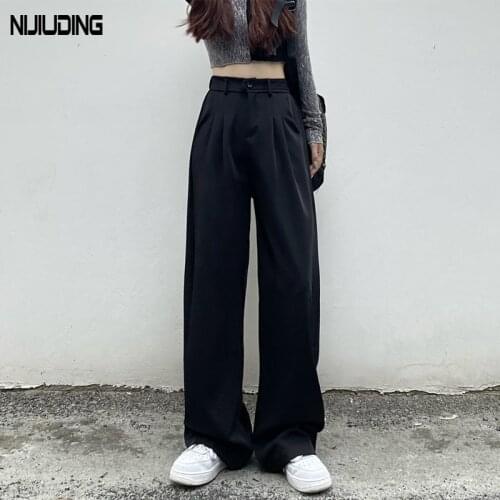 Women Suit Pants Office Lady Floor-Length Long Trousers 2021 Autumn Solid Loose High Elastic Waist Pant Female Wide Leg Pants