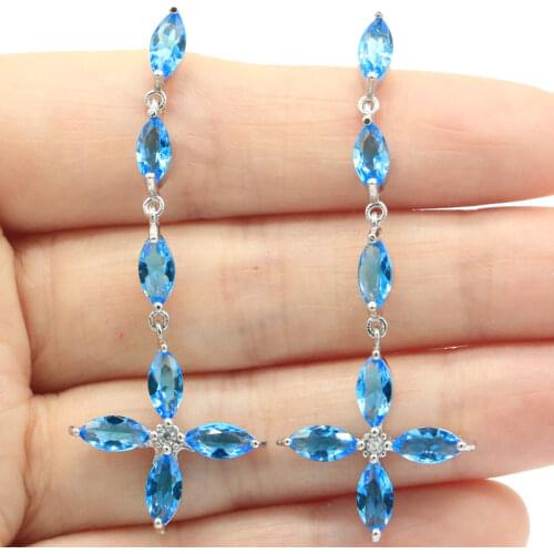 48x18mm Delicate Fine Cut Long Big 18g Created Rich Blue Violet Tanzanite CZ For Ladies Dating Silver Earrings Eye Catching
