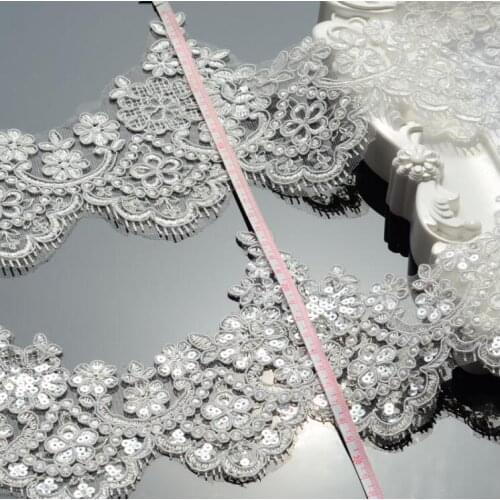 1 Yard White Ivory Wedding Lace Fabric Bridal Lace Appliqued Border Flower Sequined Embroidered Fabric Sewing Apparel Lace Trims