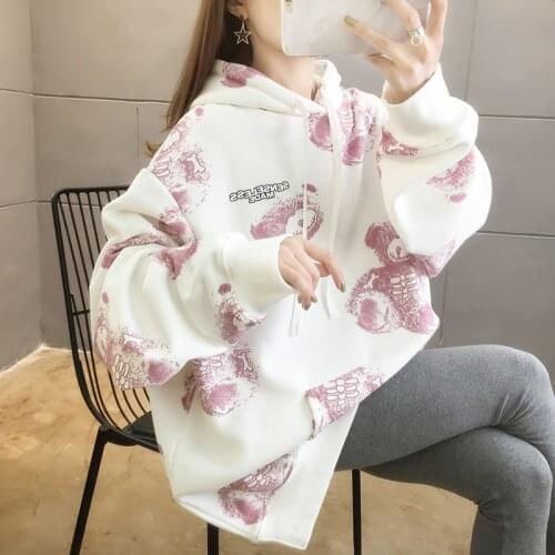2021 Autumn Winter Floral Hooded Sweatshirt Bear Cartoon Cute Fleece Super Warm Thick Plus Size Hoodies