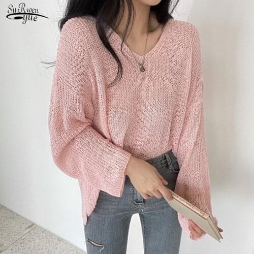 2021 Autumn Summer Sunscreen Blouse New Chic White Blouse Hollow Out Sunscreen Sweater Loose Lady Tops V-neck Sweater 15734