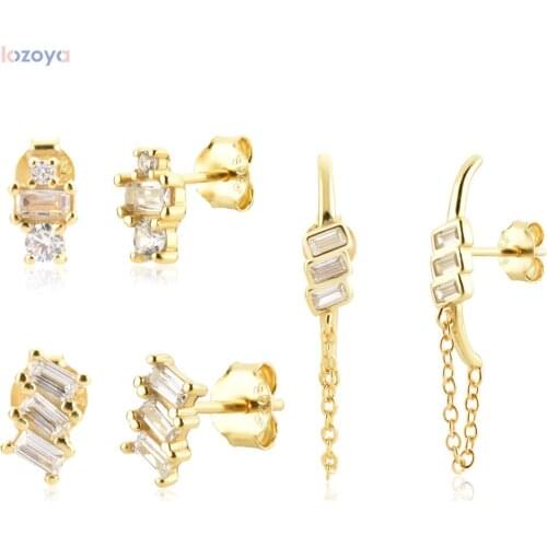 LOZOYA 925 Sterling Silver Square Zircon CZ Stud Earring Piercing Pendiente 2021 Chain Three CZ korean fashion Jewelry Gift