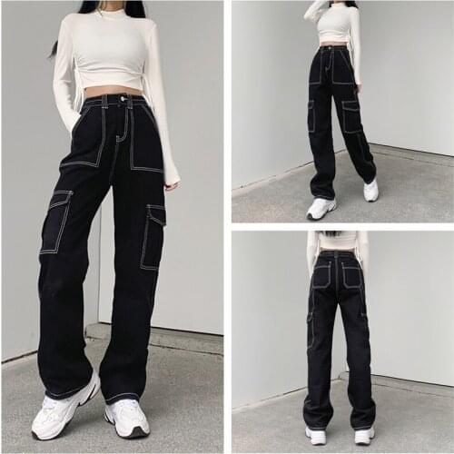 Women Straight Wide Leg Jeans Trendy Stitching High Waist Relaxed Fit Denim Pants with Pockets