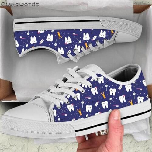 ELVISWORDS Canvas Vulcanized Shoes Cartoon Dentist Teeth Print Light Lace-up Sneakers for Women Classic Autumn Walk Flats Shoes