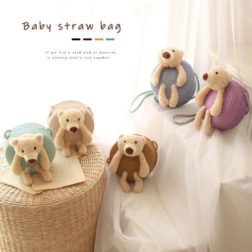 FOCUSNORM 9 Colors Fashion Lovely Infant Kids Girls Shoulder Bags Cartoon Bear Straw Bags Outfits 2-10Years