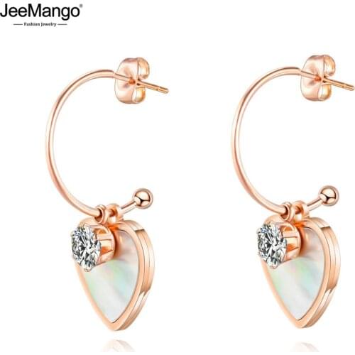 JeeMango New Titanium Stainless Steel Love Heart WhiteShell Stud Earrings Jewelry Rose Gold Wedding Earrings For Women JE17099