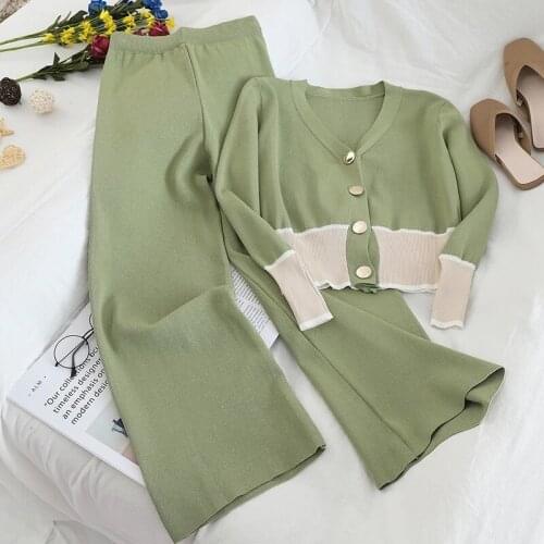 2021 Autumn Women New Fashion Long Sleeve V-Neck Single Breasted Cardigan Sweater Wide Leg Pants Two Piece Set Female Outerwear