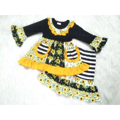 2019sunflower pattern outfits baby girls boutique long sleeve top+striped flare pants 2 pcs sets kids childrens clothing gxj