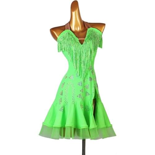 Latin Dance Costumes Women Sexy Backless Clothing Professional Rumba Rhinestone Fringe Clothes Tango Cha Cha Salsa Dress DQL5566
