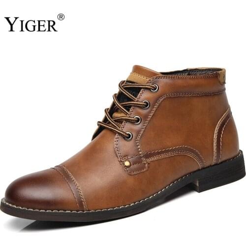 YIGER Mens Chelsea Boots Man Brogue Ankle Boots British Style Martins Boots corkwood sole Large size Casual Leather Boots