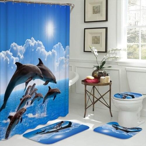 3D Elephant Print Bathroom Sets Ocean Dolphin Deep Sea Shower Curtain With 12 Hooks Pedestal Rug Lid Toilet Cover Bath Mat Set