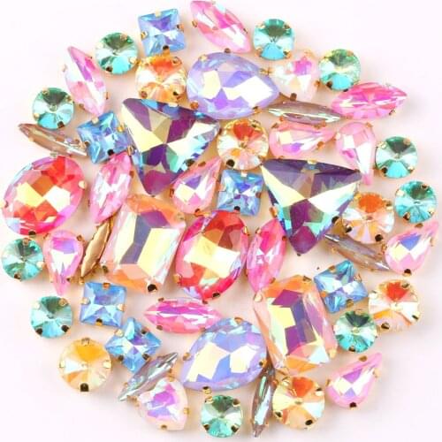 Gold claw setting 50pcs/bag shapes mix jelly candy AB colors mix glass crystal sew on rhinestone wedding dress shoes bags diy
