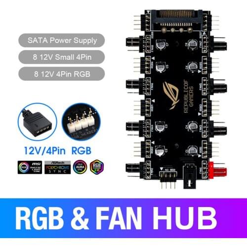 1 To 8 Multi Way Splitter RGB PWM HUB for PC Fan Cooler Motherboard 12V/4 Pin LED Strip Light Adapter Powered By SATA/Large 4D
