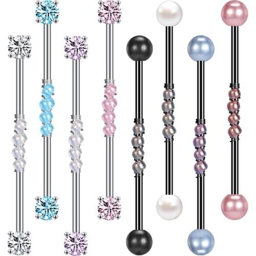 ZS 14G Opal Crystal Industrial Barbell Piercing for Women Stainless Steel Can Move Cartilage Earring Helix Stud Piercing Jewelry