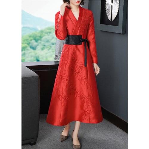 New autumn winter Chinese retro Embroidered mandarin big size long-sleeved deep V big hem dress for women