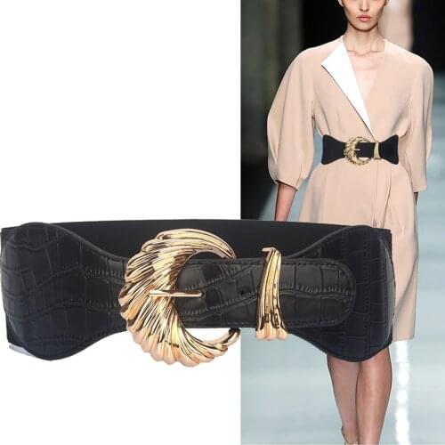 Gold Alloy Big Pin Buckle Belts For Women Hot Fashion Black Super Wide Elastic Waistbands Dress Skirt Party Bar Decorate Gifts