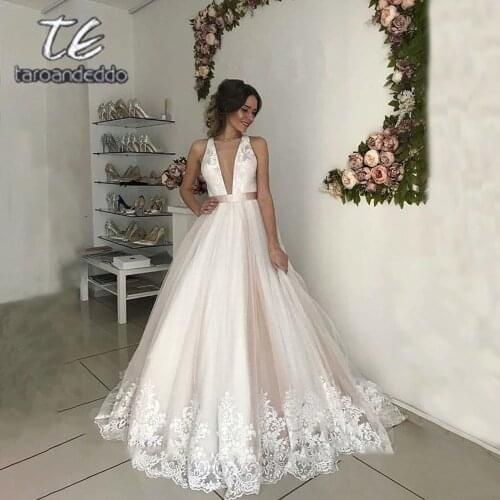 V Neck Tulle Wedding Dresses 2020 Applique Lace Sashes A-Line Backless Floor Length Sleeveless Bridal Dress Vestido De Noiva