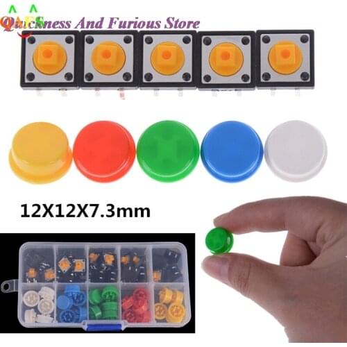 25Pcs/set 5 Colors Tactile Push Button Switch Momentary Micro Switch Button + 25PCS Tact Switch Cap 12*12*7.3MM