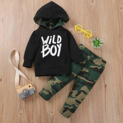 Spring Autumn Little Boys Long Sleeve Sets Unique Letter Print Hoodies Camouflage Long Pants 2PCS Sets 0-3Y