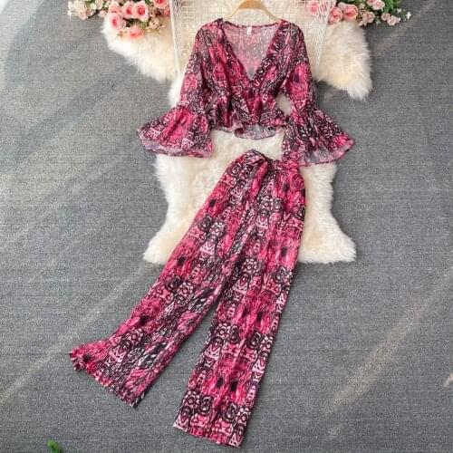 Womens 2-piece summer ruffled v-neck print short shirt with flared sleeves and high-waisted wide-leg long pants two-piece