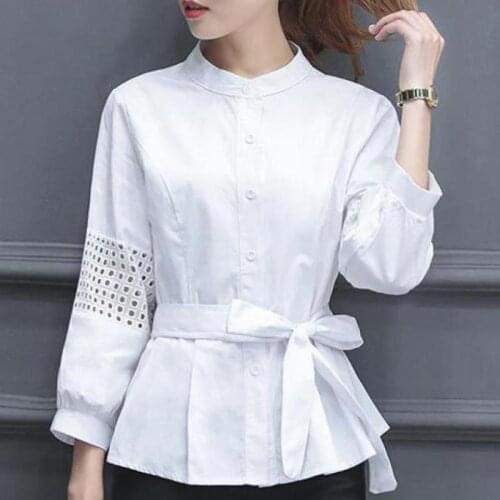 Summer Spring Office Lady Womens 3/4 Lantern Sleeve Hollow Out White Bow Sash Blouse , Casual Female Korea Cotton Slim Blouses