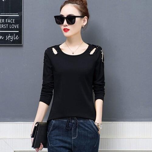 Vetement femme 2019 Autumn Funny T Shirts Women Long Sleeve Black Beading Tshirt Tee Shirt Femme Off Shoulder Tops For Women