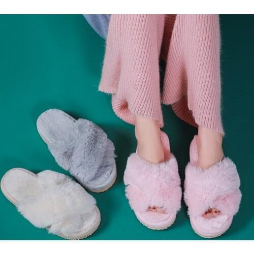 Women Fur Slippers Chic Cross Band 3cm Heel Soft Plush Indoor Ladies Platform Shoes Open Toe Fluffy House Slippers