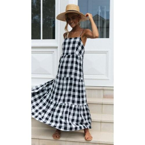 Womens Sexy Sleeveless Sling Dress Summer Spaghetti Strap Vestidos Casual Loose Plaid Printing Square Collar Loose Robe