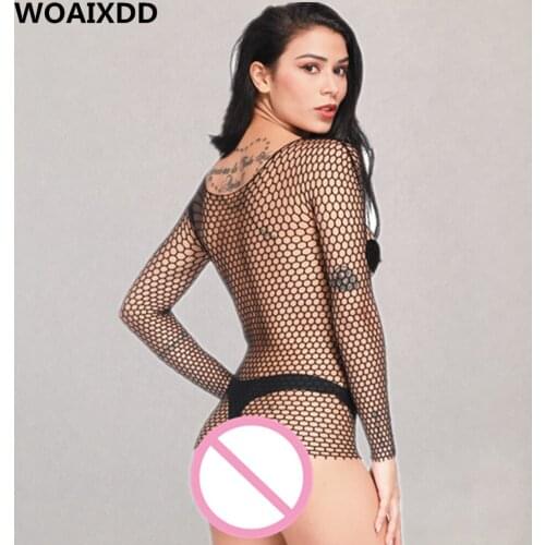 Women Sexy Transparent Lingerie Sheer Fishnet Mesh Intimates Underwear Erotic Hollow Long Sleeve Dress Adult Female Chemise