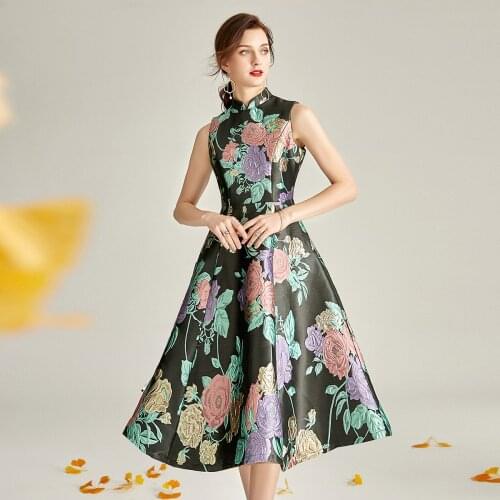Plus Size Long Dress Women Sleeveless Flower Embroidery Jacquardstand Collar Casual Beach Summer Midi Boho Lady Dress