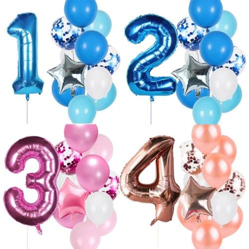 12pcs 1st Birthday Party Blue/Pink/Rose gold Number Foil Latex Balloons Kids Birthday Party Decoration baby shower Boy Girl Deco