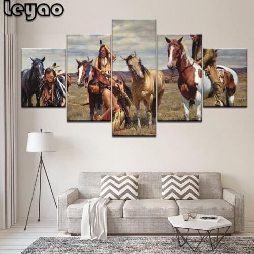 5 Panel American Native Tribes Indian horse diamond painting Art Picture diamond mosaic cross stitch Living Room Artwork